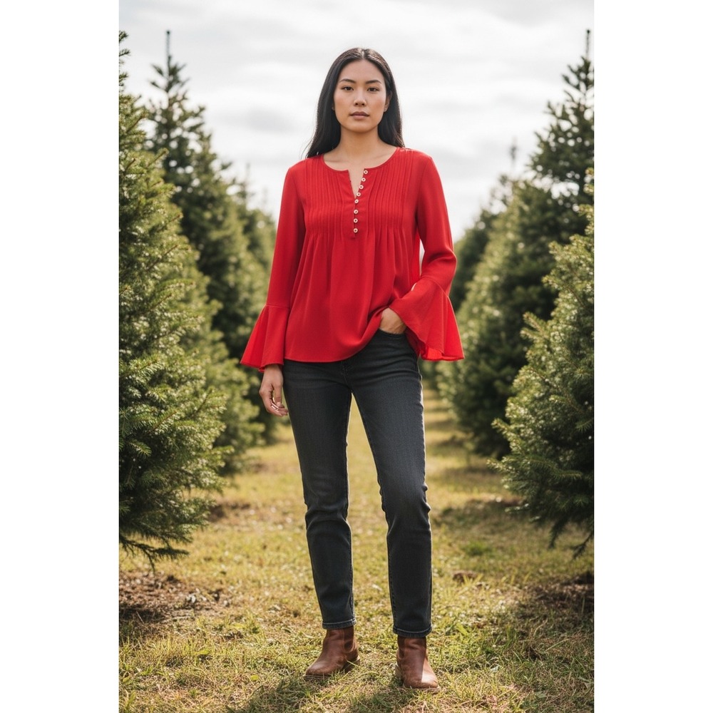 Vivid Red Bell Sleeve Button Front Blouse‎ Women's Size Medium BOHO Casual